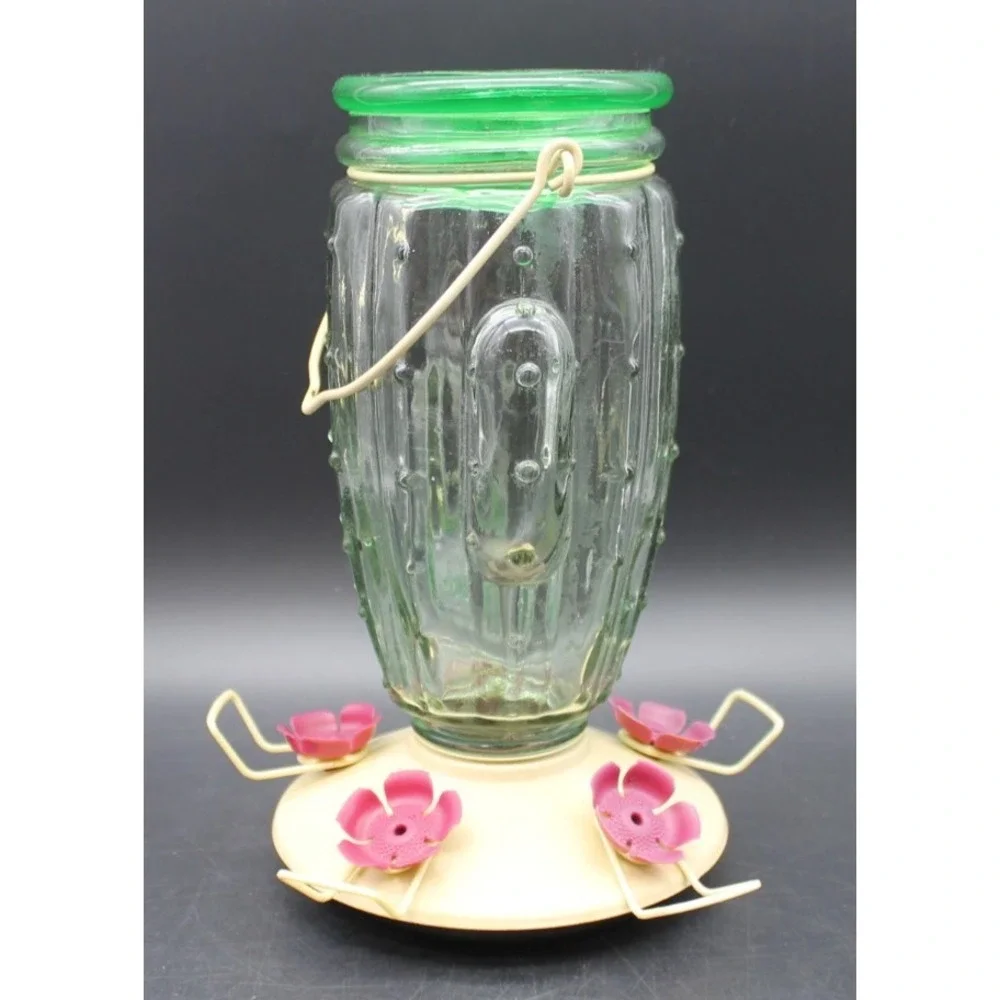 Perky-Pet Cactus Glass Hummingbird Feeder Top Fill Green Jar Pink Flower Ports